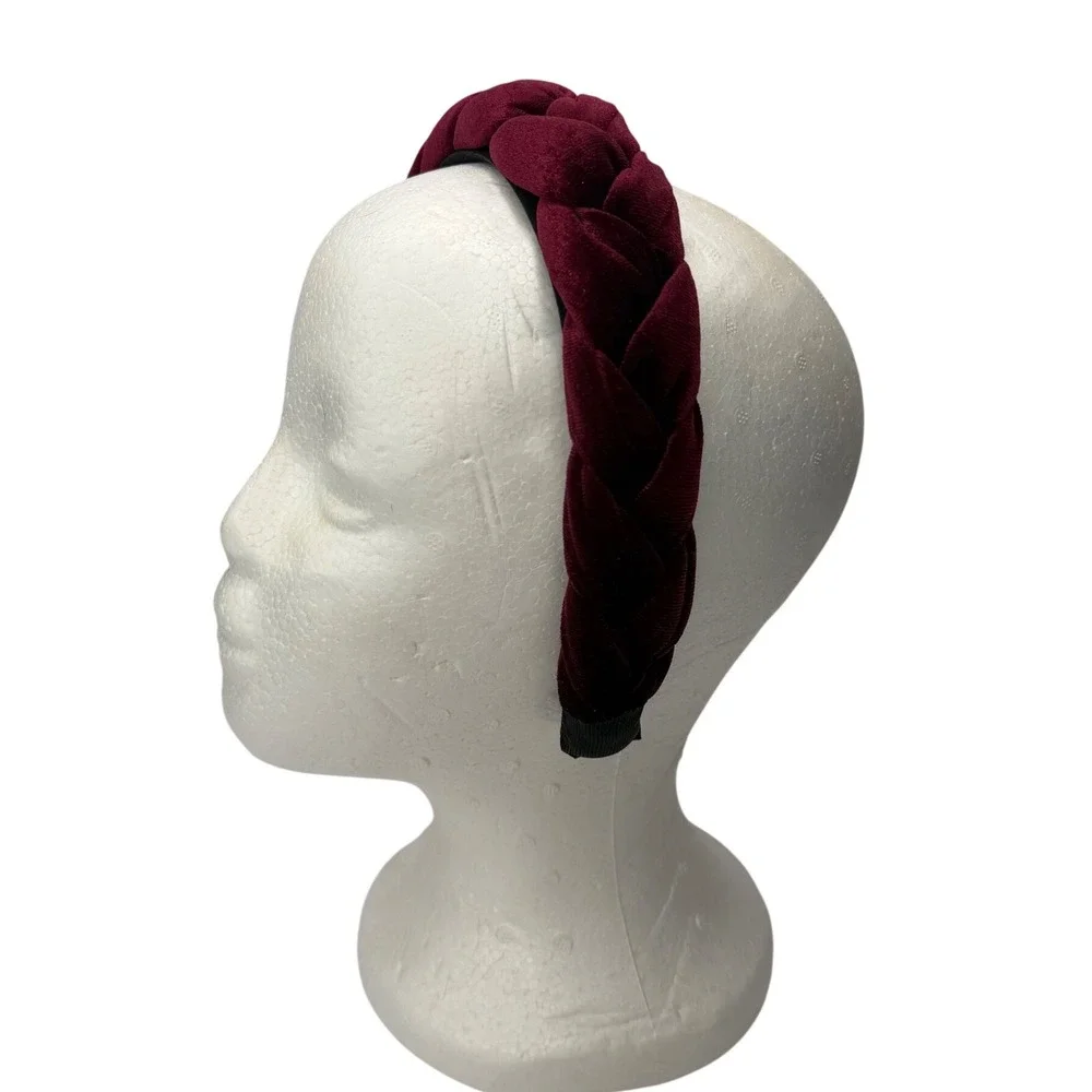 Burgundy Braided Velvet Padded Headband Womens Wide Hair Accessory Wine Red